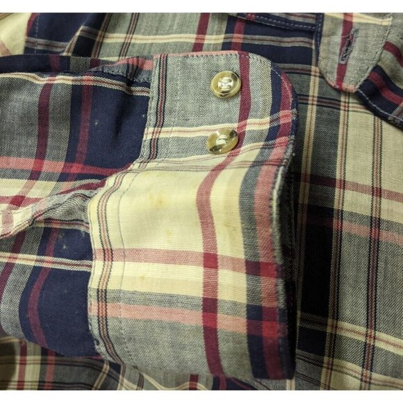 VINTAGE WOMEN'S BLUE & BEIGE PLAID LONG SLEEVE BUTTON-UP SHIRT - ESSENTIALS - 10 - Picture 8 of 8
